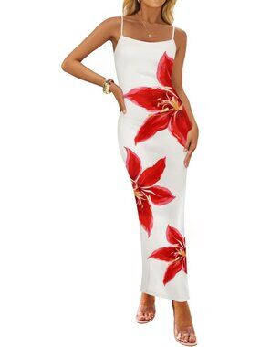Women’s White Floral Bodycon Maxi Square Neck Boho Beach Summer Long Dress